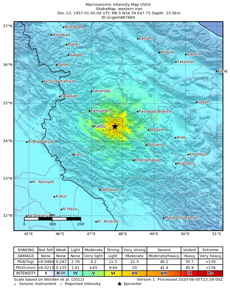 USGS ShakeMap: estimated shaking intensity around the epicenter