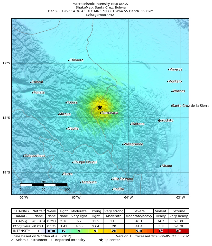 USGS ShakeMap: estimated shaking intensity around the epicenter