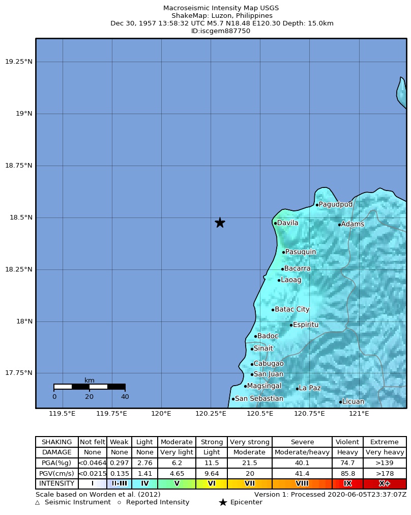 USGS ShakeMap: estimated shaking intensity around the epicenter