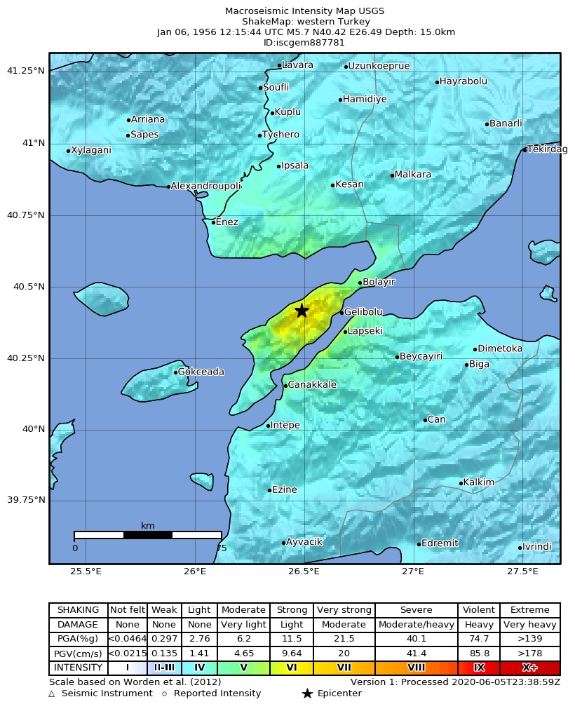USGS ShakeMap: estimated shaking intensity around the epicenter