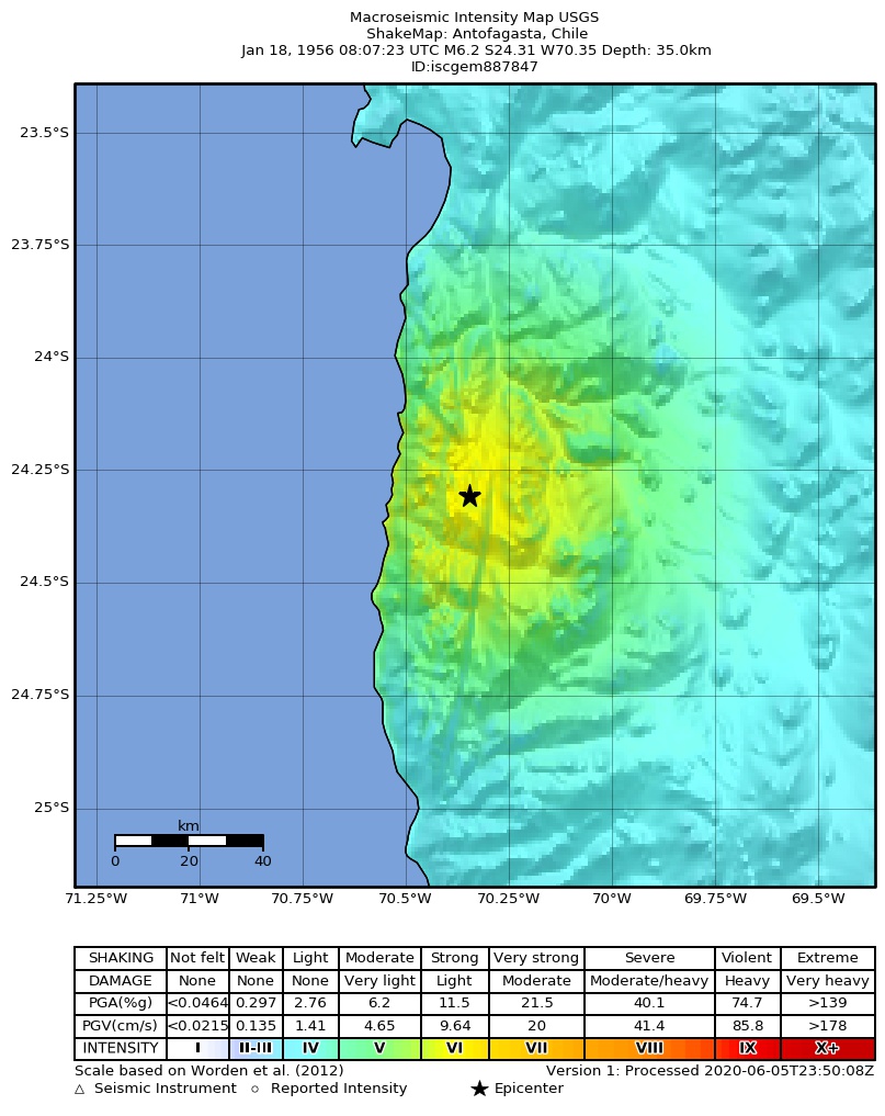 USGS ShakeMap: estimated shaking intensity around the epicenter
