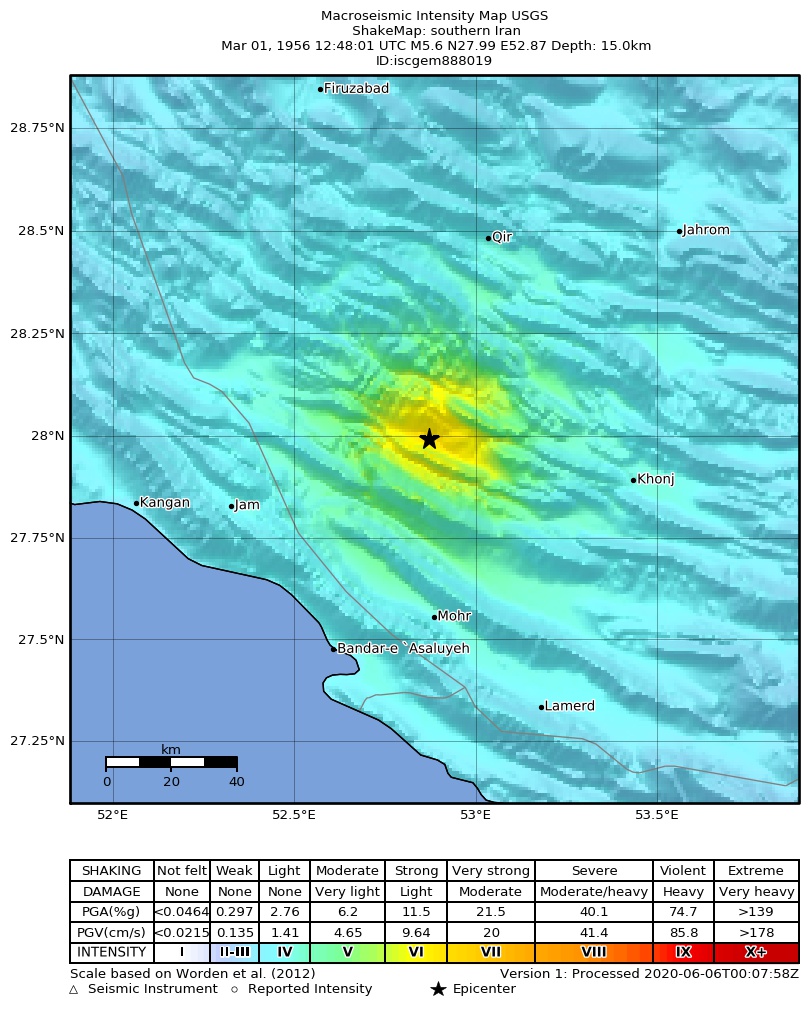 USGS ShakeMap: estimated shaking intensity around the epicenter