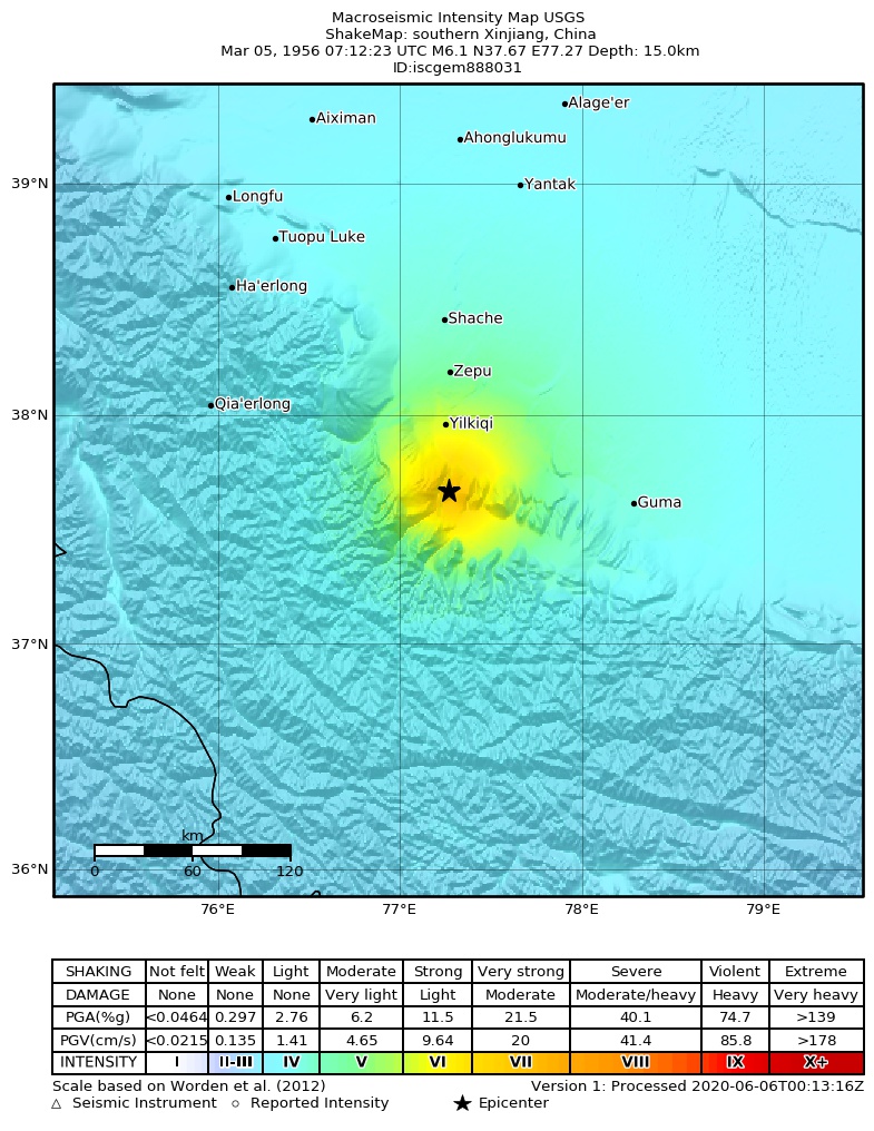 USGS ShakeMap: estimated shaking intensity around the epicenter