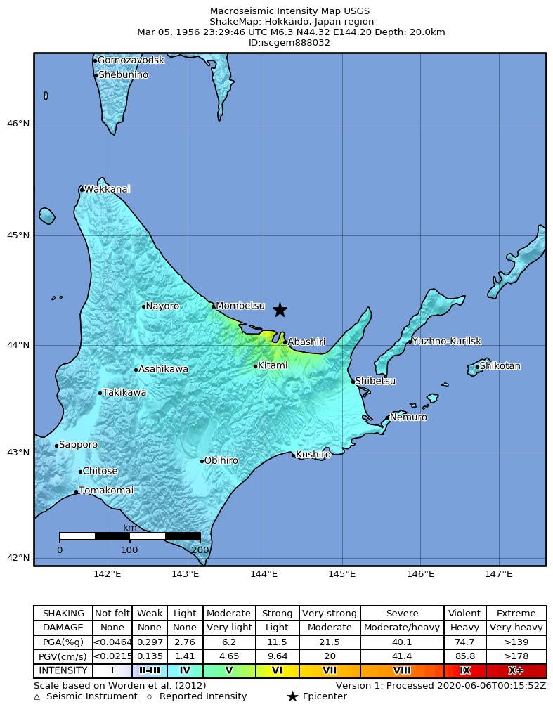 USGS ShakeMap: estimated shaking intensity around the epicenter