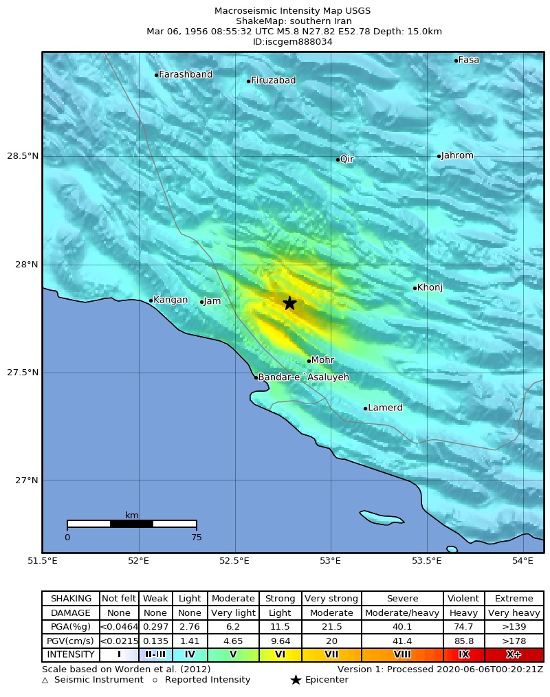 USGS ShakeMap: estimated shaking intensity around the epicenter