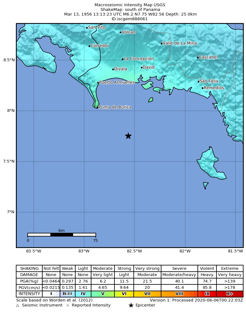 USGS ShakeMap: estimated shaking intensity around the epicenter