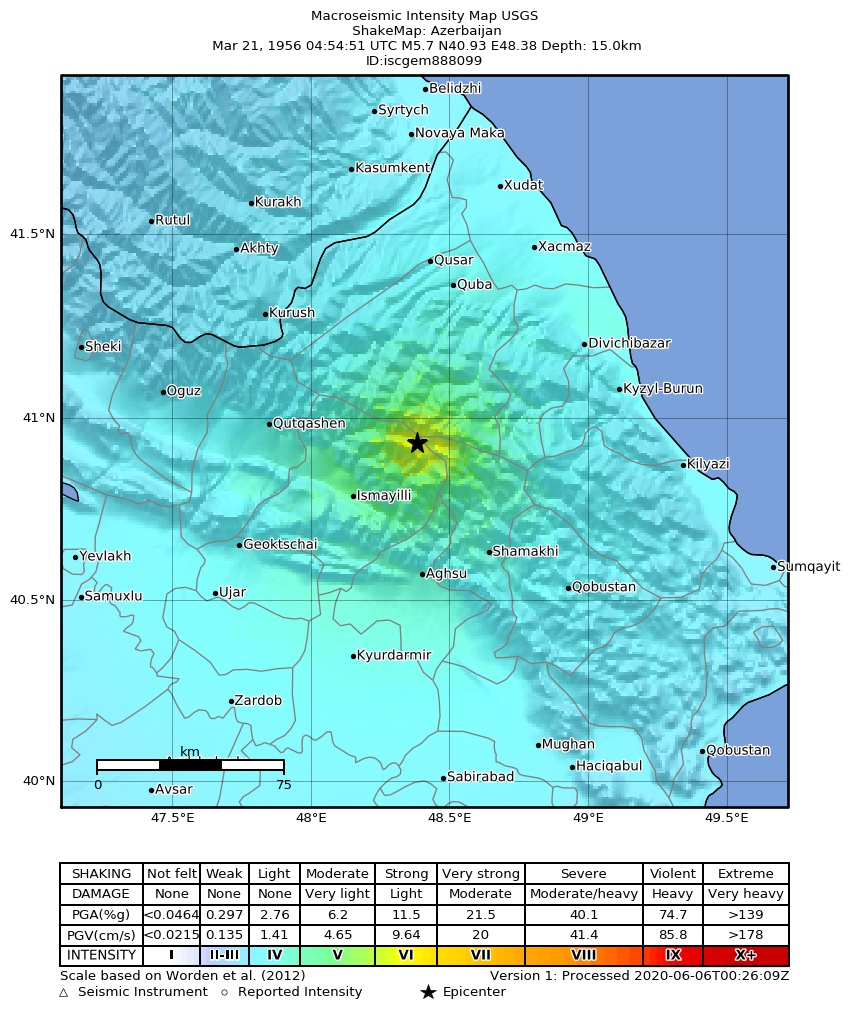 USGS ShakeMap: estimated shaking intensity around the epicenter