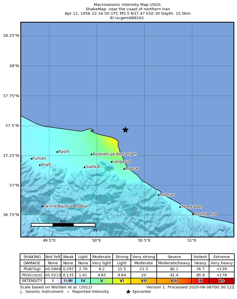 USGS ShakeMap: estimated shaking intensity around the epicenter