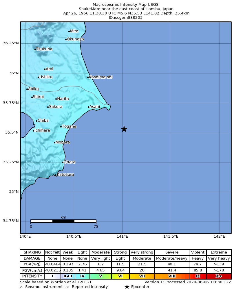 USGS ShakeMap: estimated shaking intensity around the epicenter