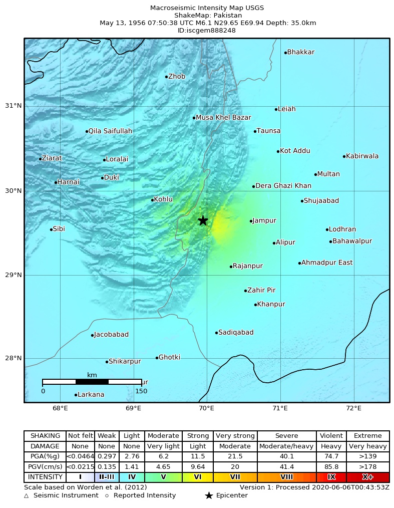 USGS ShakeMap: estimated shaking intensity around the epicenter