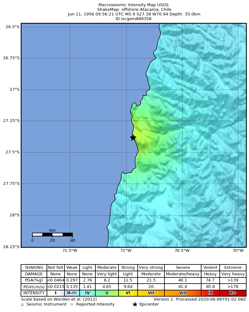 USGS ShakeMap: estimated shaking intensity around the epicenter
