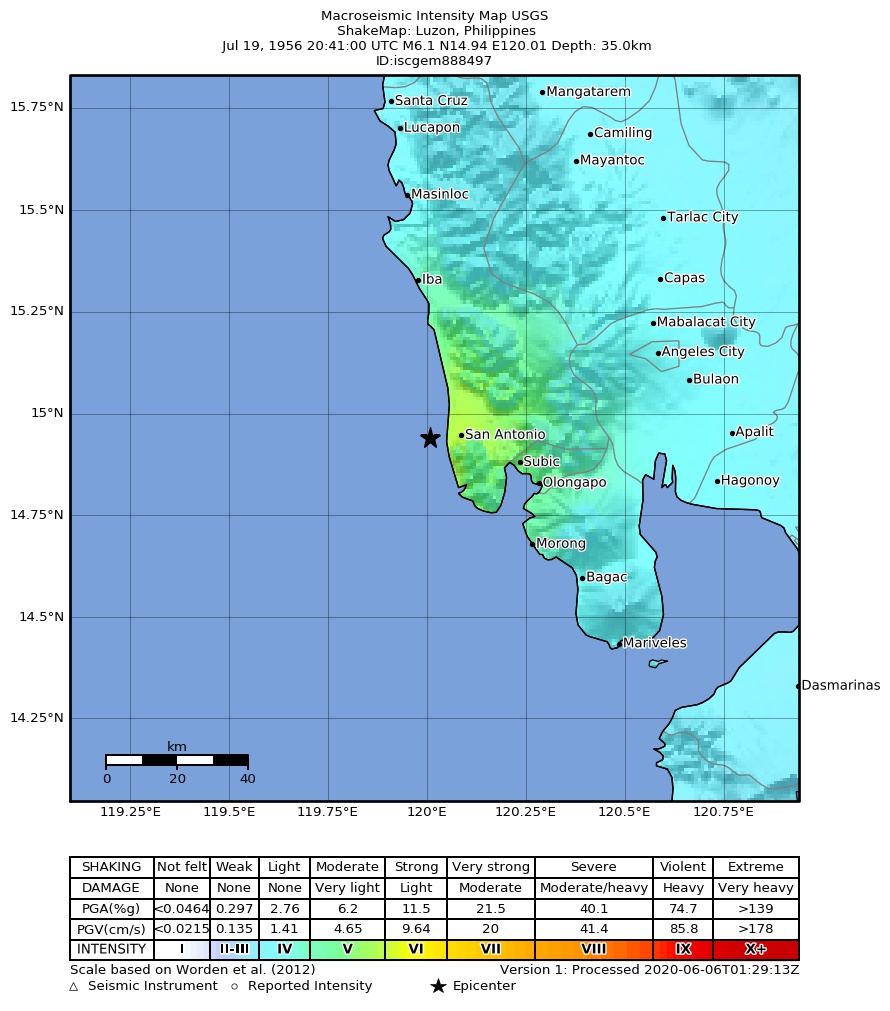 USGS ShakeMap: estimated shaking intensity around the epicenter