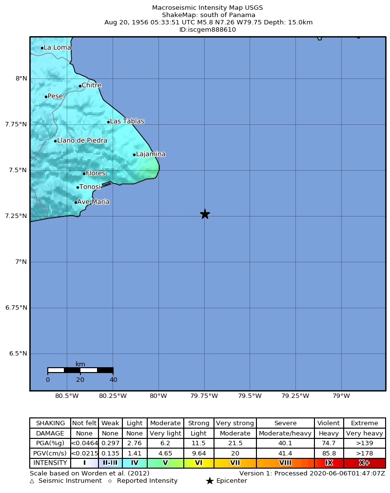 USGS ShakeMap: estimated shaking intensity around the epicenter