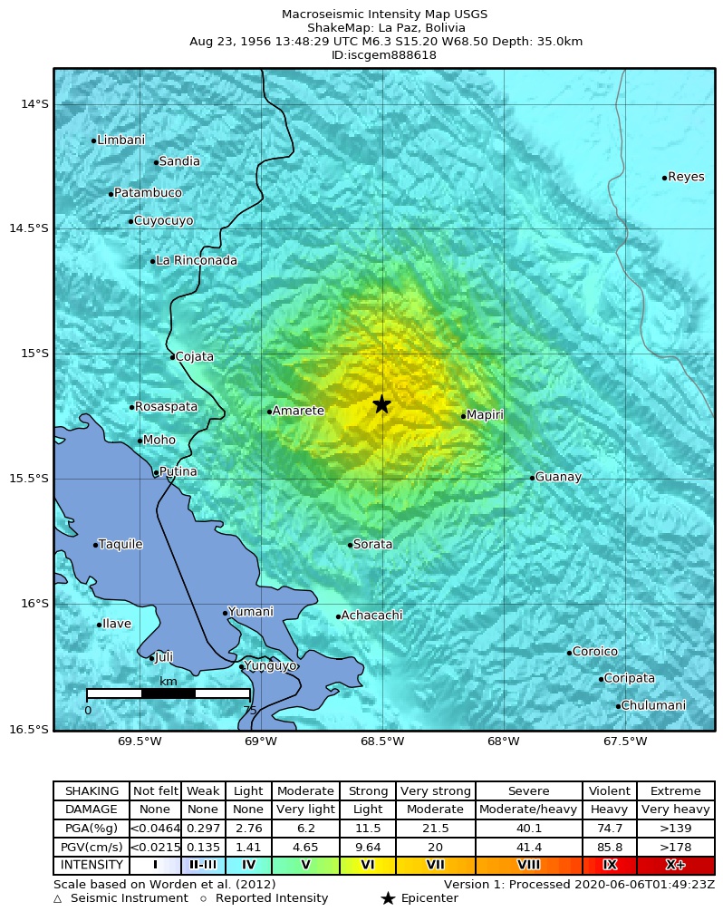 USGS ShakeMap: estimated shaking intensity around the epicenter