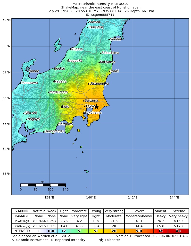 USGS ShakeMap: estimated shaking intensity around the epicenter