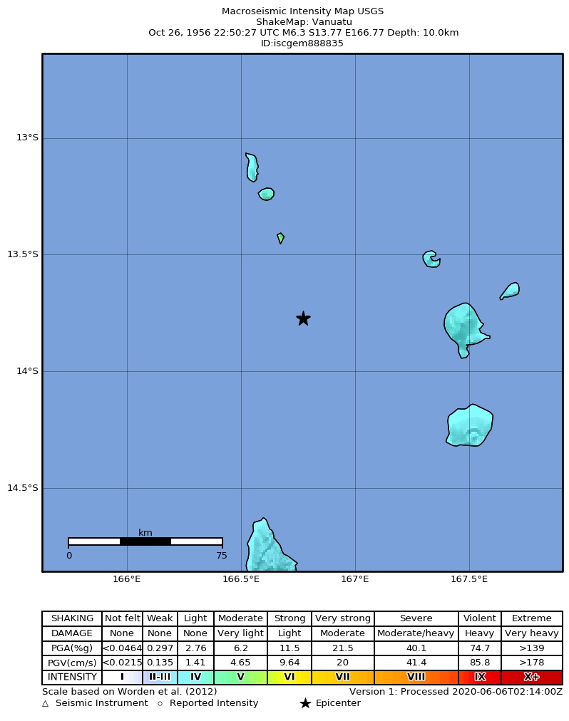 USGS ShakeMap: estimated shaking intensity around the epicenter
