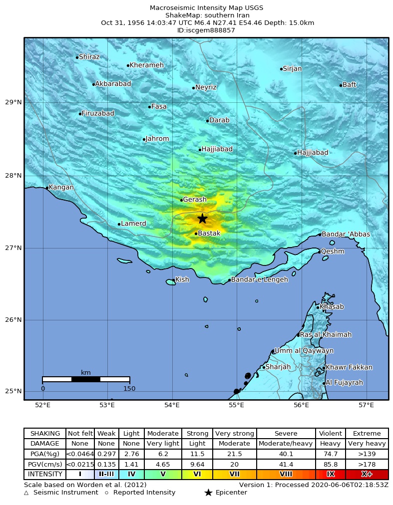 USGS ShakeMap: estimated shaking intensity around the epicenter