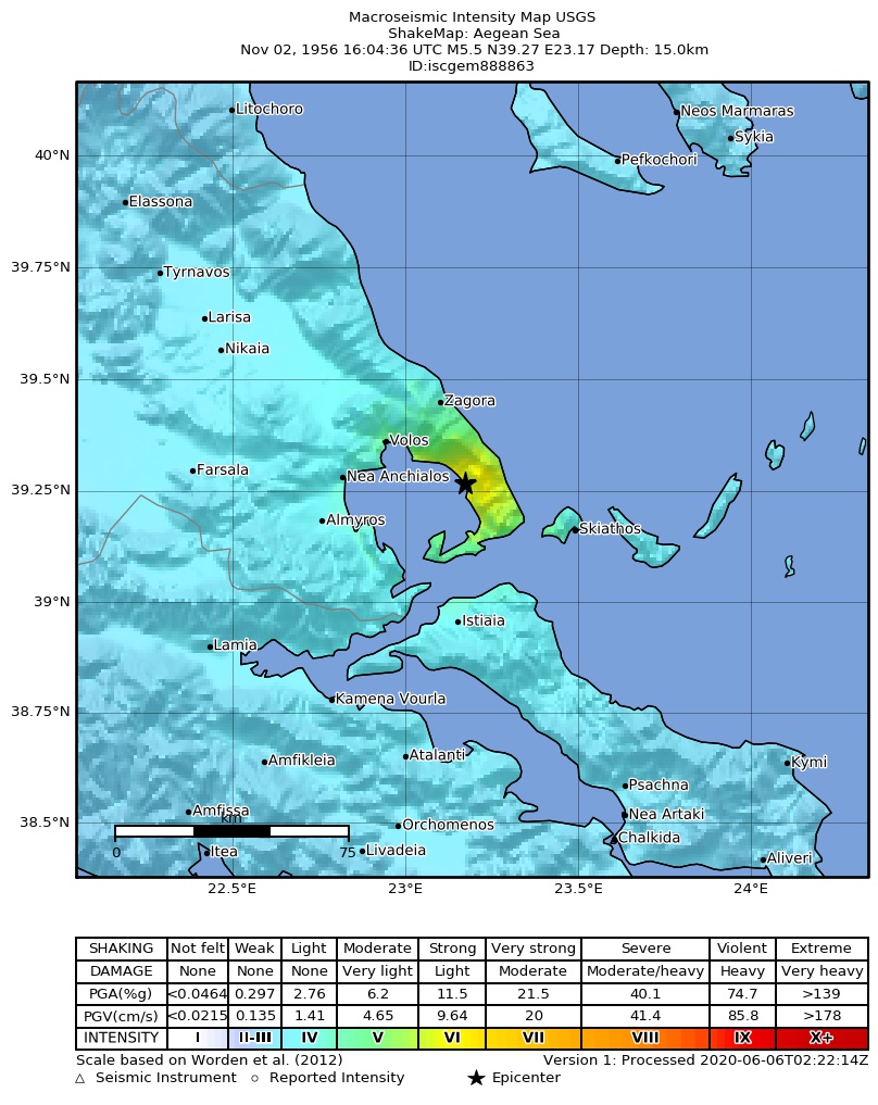 USGS ShakeMap: estimated shaking intensity around the epicenter