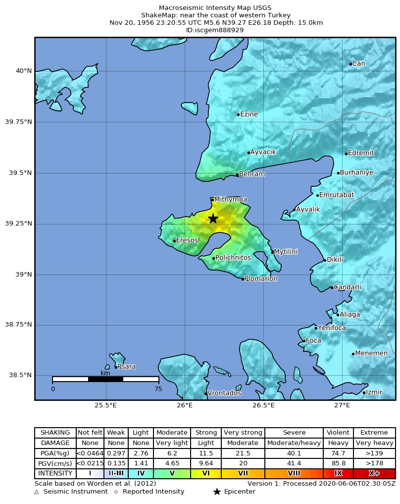 USGS ShakeMap: estimated shaking intensity around the epicenter