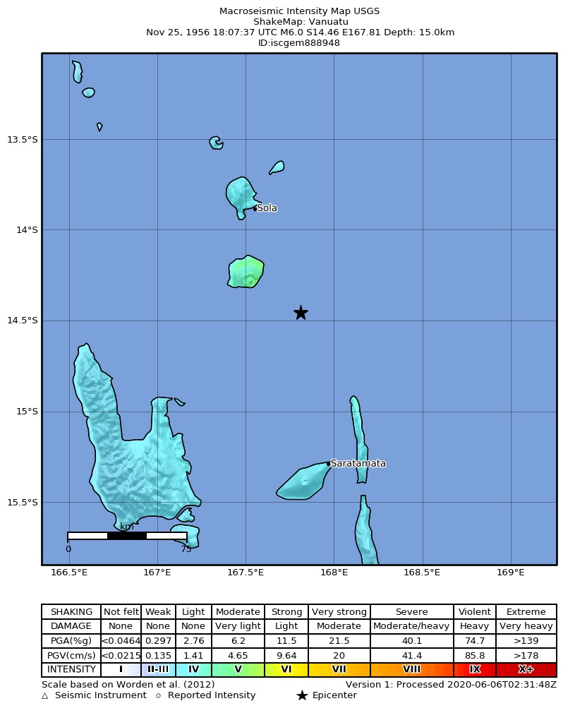 USGS ShakeMap: estimated shaking intensity around the epicenter