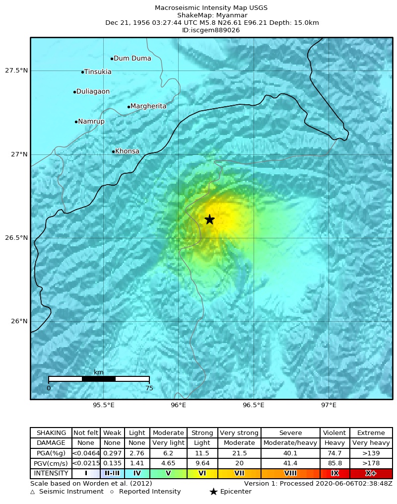 USGS ShakeMap: estimated shaking intensity around the epicenter