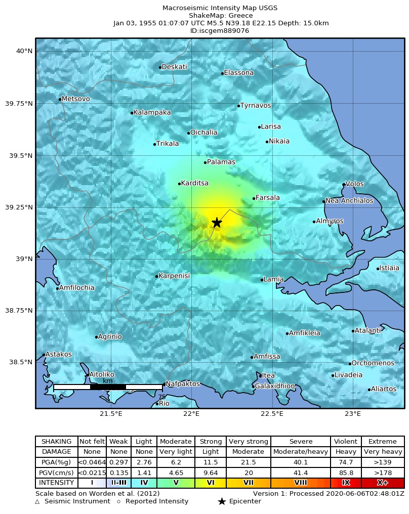 USGS ShakeMap: estimated shaking intensity around the epicenter