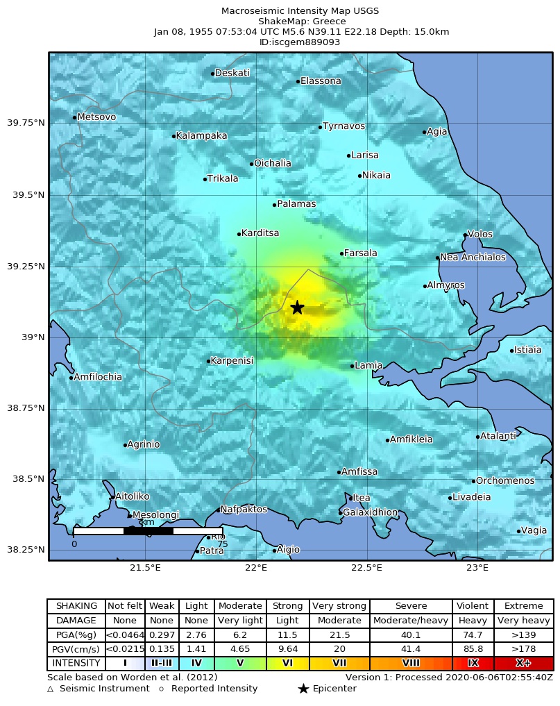 USGS ShakeMap: estimated shaking intensity around the epicenter