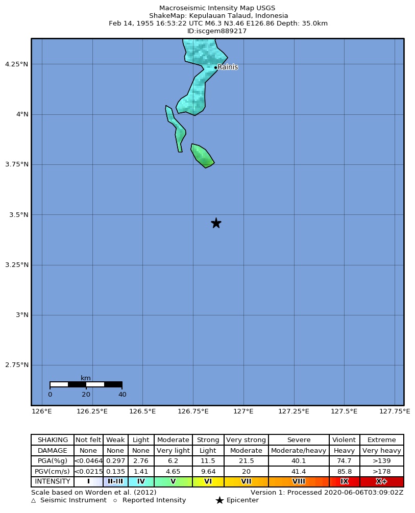 USGS ShakeMap: estimated shaking intensity around the epicenter