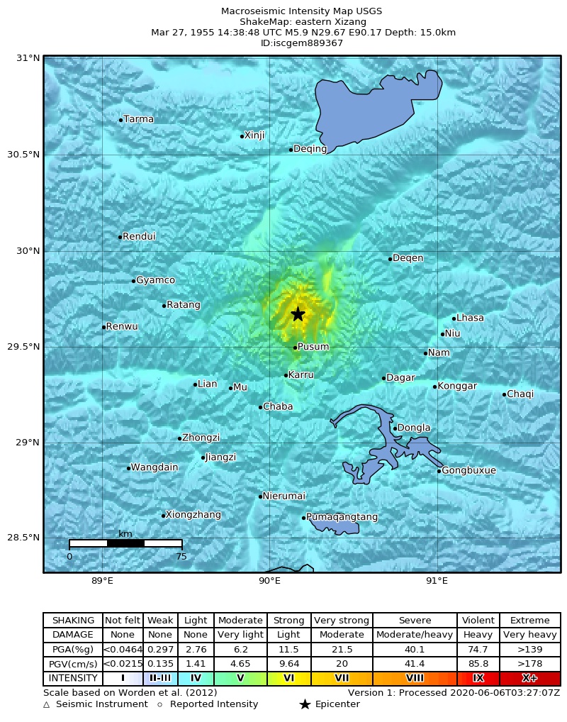 USGS ShakeMap: estimated shaking intensity around the epicenter