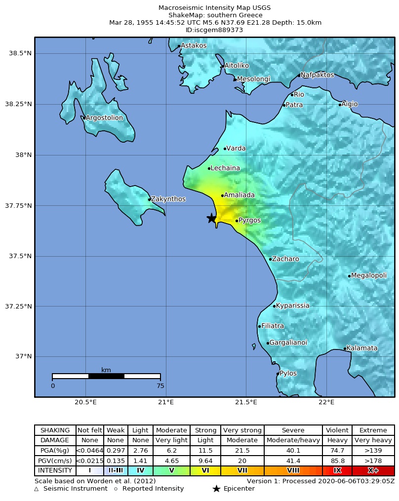 USGS ShakeMap: estimated shaking intensity around the epicenter