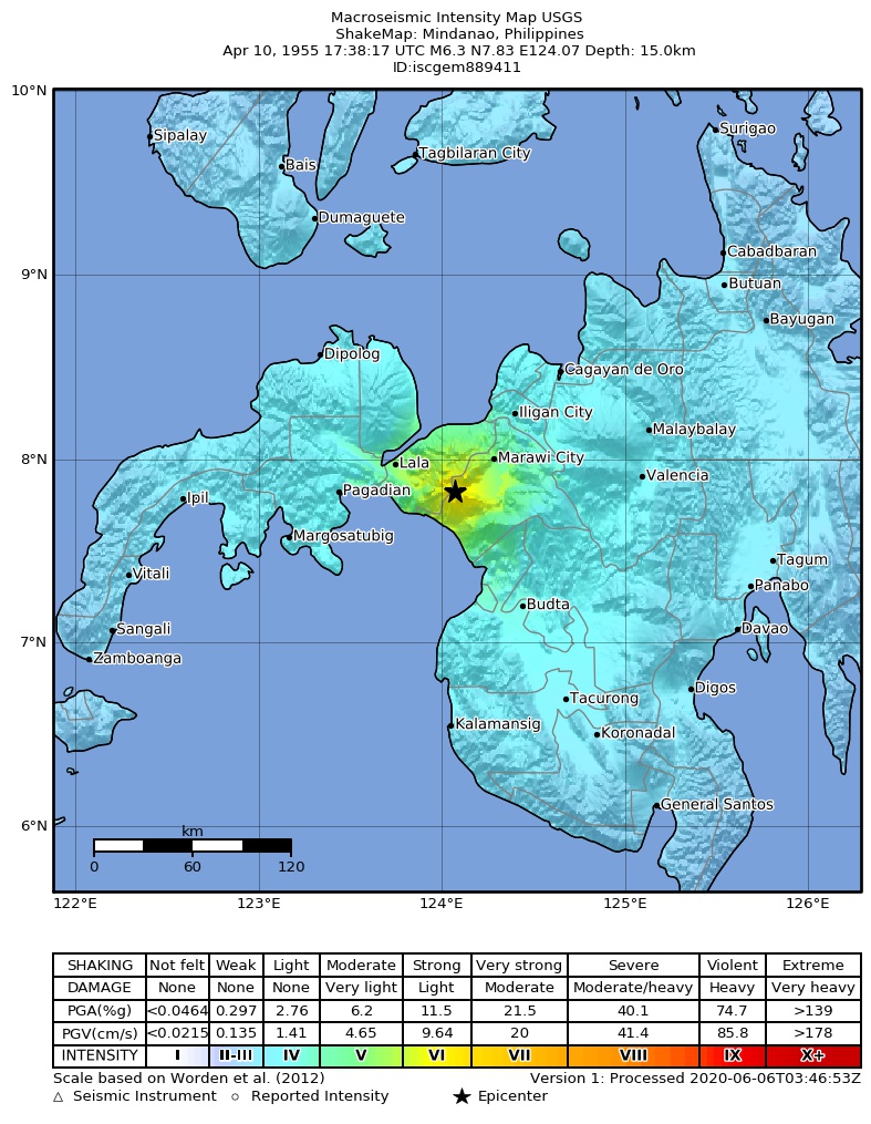 USGS ShakeMap: estimated shaking intensity around the epicenter