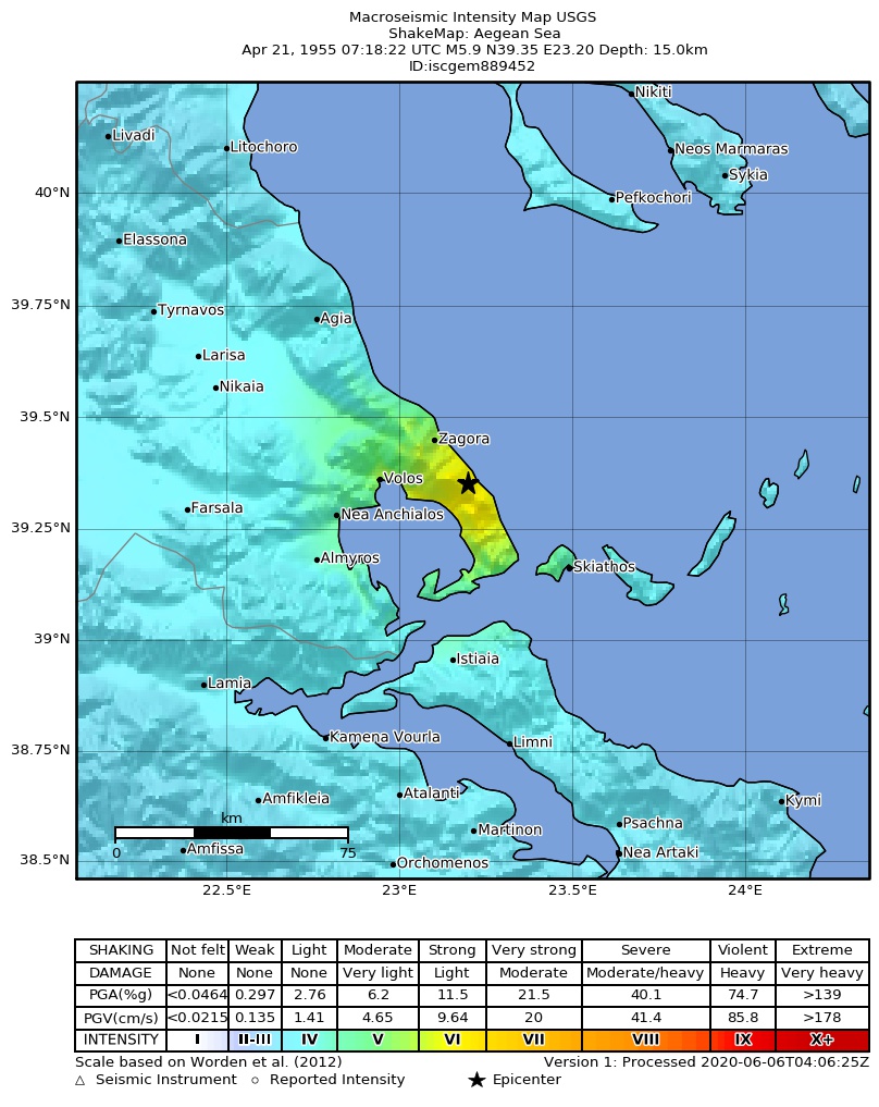 USGS ShakeMap: estimated shaking intensity around the epicenter
