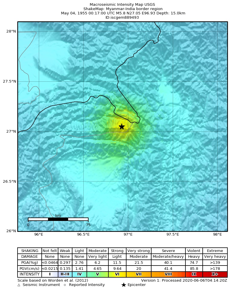USGS ShakeMap: estimated shaking intensity around the epicenter