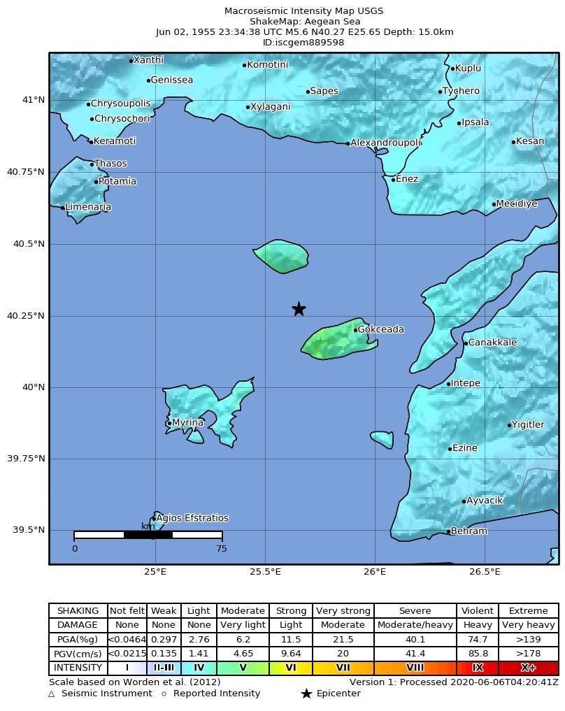 USGS ShakeMap: estimated shaking intensity around the epicenter