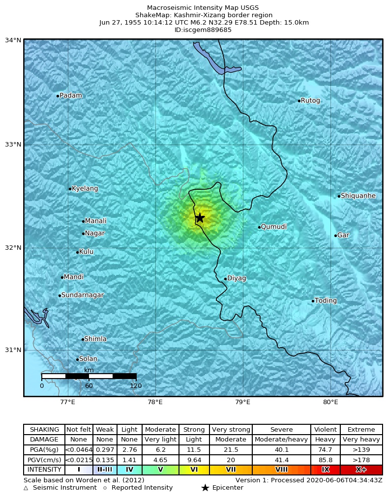USGS ShakeMap: estimated shaking intensity around the epicenter