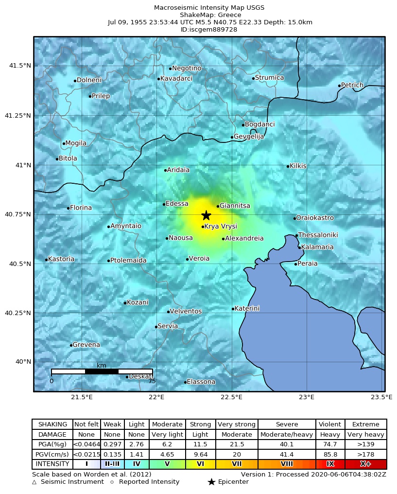 USGS ShakeMap: estimated shaking intensity around the epicenter