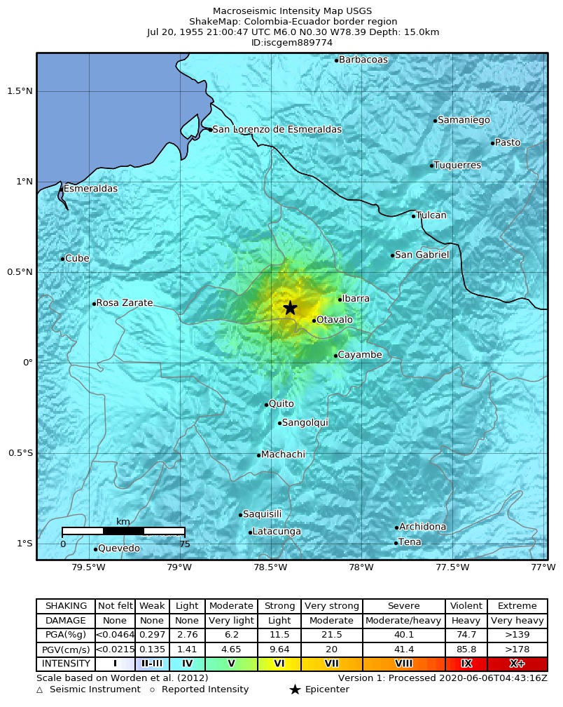 USGS ShakeMap: estimated shaking intensity around the epicenter
