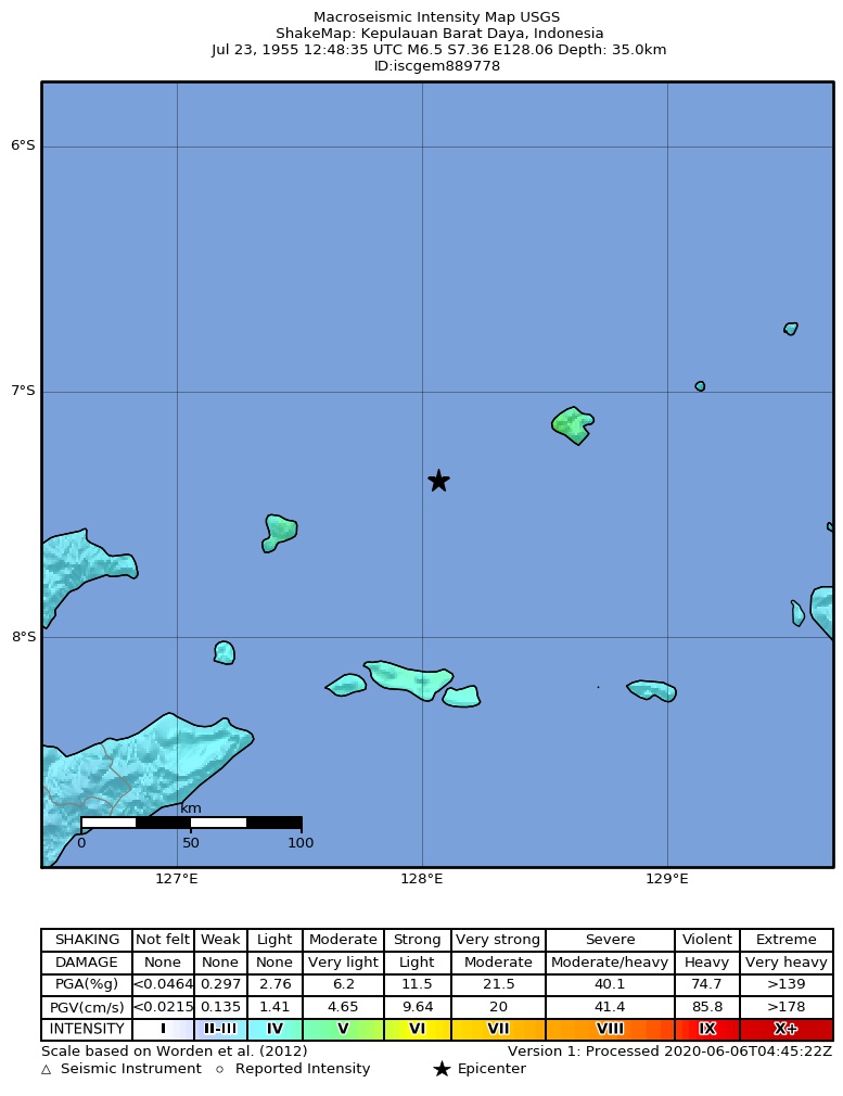 USGS ShakeMap: estimated shaking intensity around the epicenter