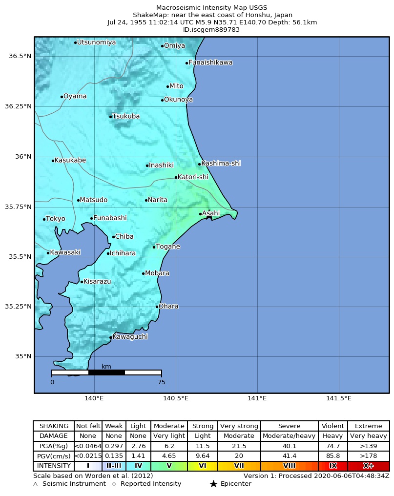 USGS ShakeMap: estimated shaking intensity around the epicenter