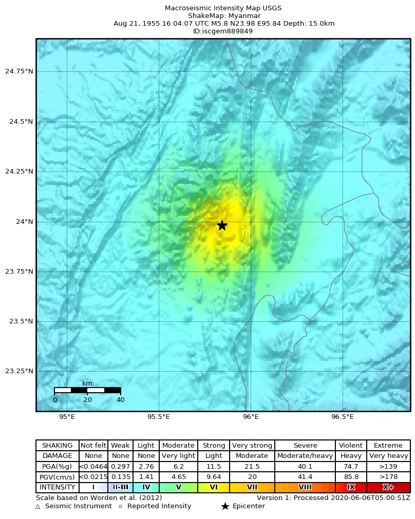 USGS ShakeMap: estimated shaking intensity around the epicenter
