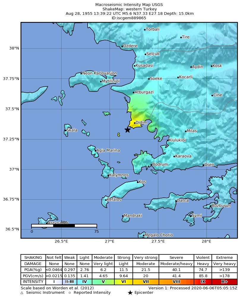 USGS ShakeMap: estimated shaking intensity around the epicenter