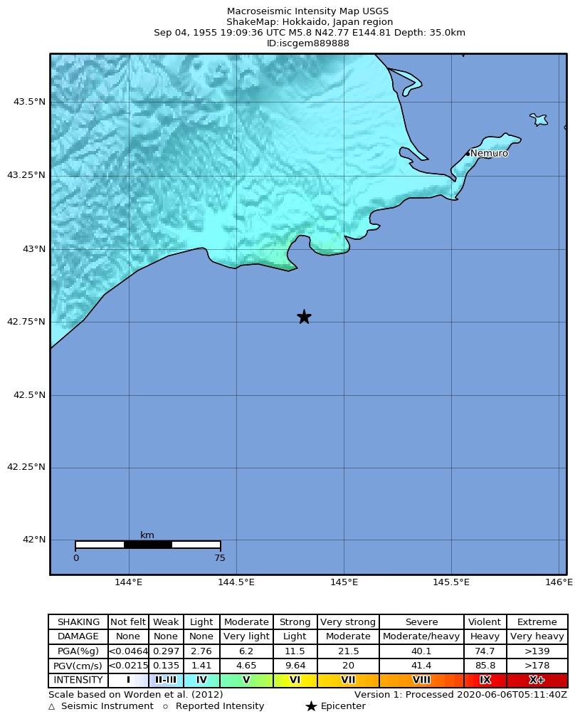 USGS ShakeMap: estimated shaking intensity around the epicenter