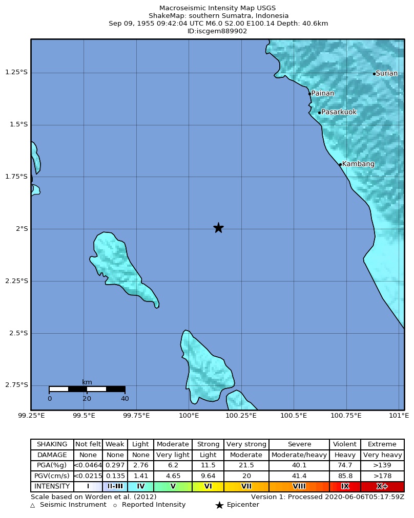 USGS ShakeMap: estimated shaking intensity around the epicenter
