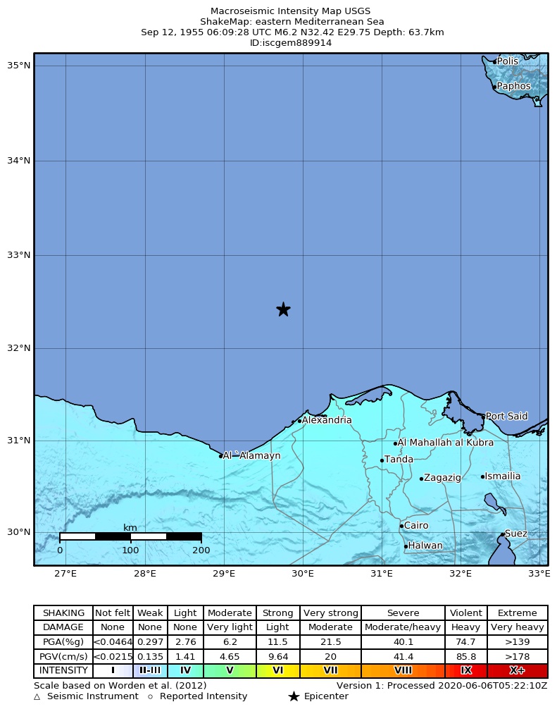 USGS ShakeMap: estimated shaking intensity around the epicenter