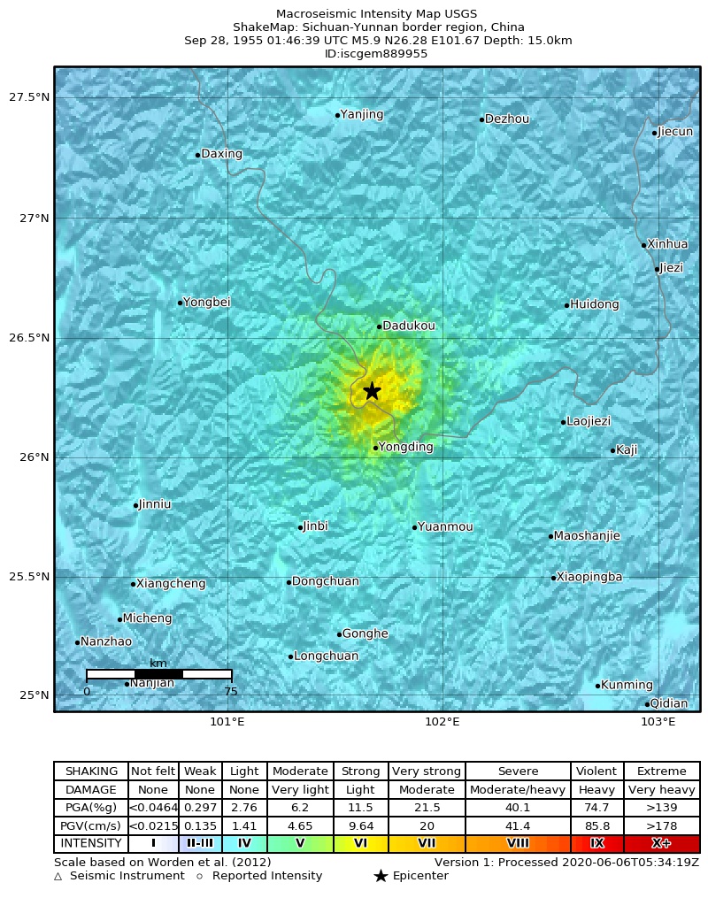 USGS ShakeMap: estimated shaking intensity around the epicenter