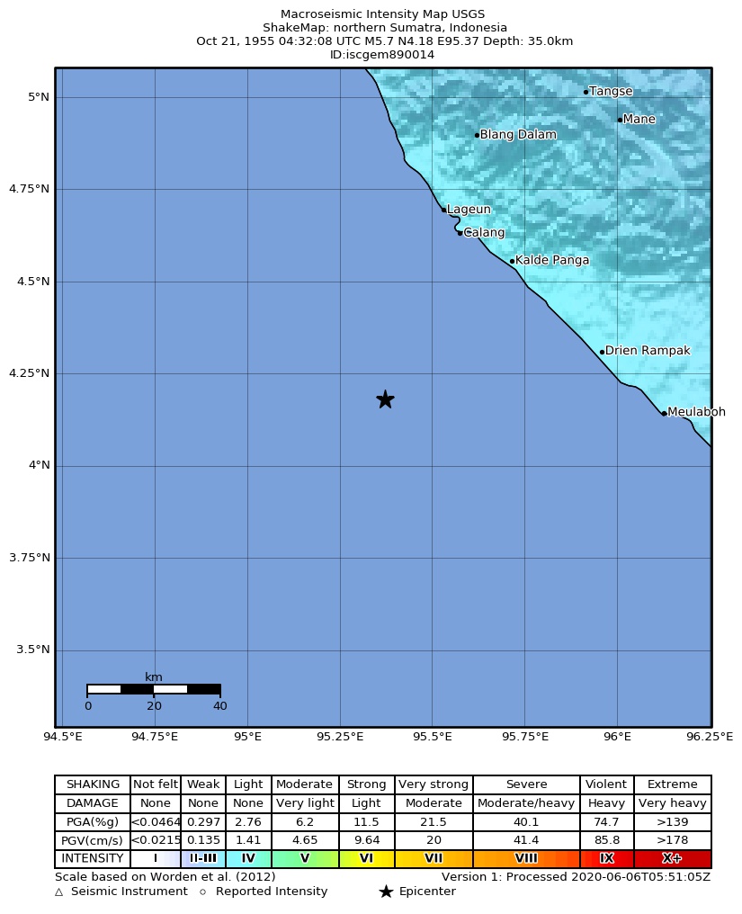 USGS ShakeMap: estimated shaking intensity around the epicenter