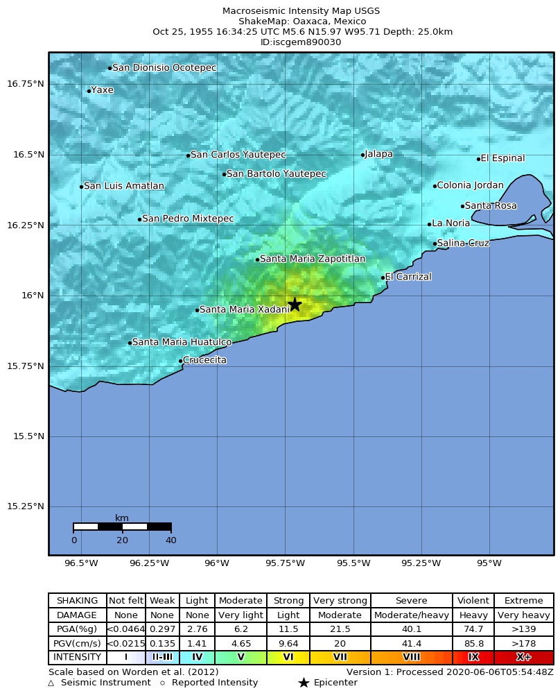 USGS ShakeMap: estimated shaking intensity around the epicenter