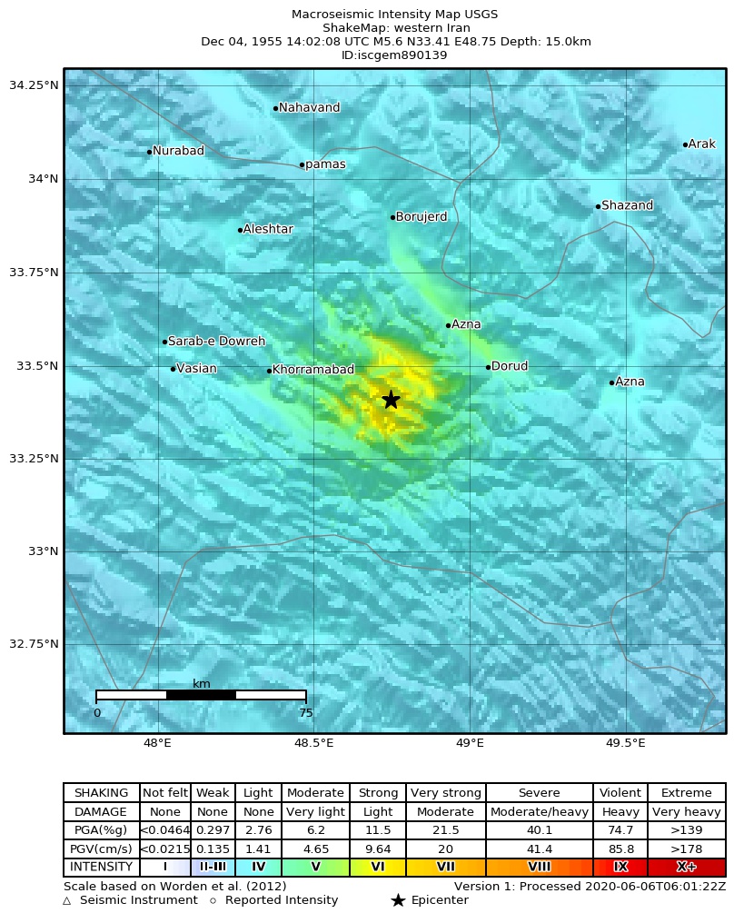 USGS ShakeMap: estimated shaking intensity around the epicenter