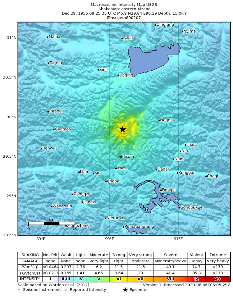 USGS ShakeMap: estimated shaking intensity around the epicenter