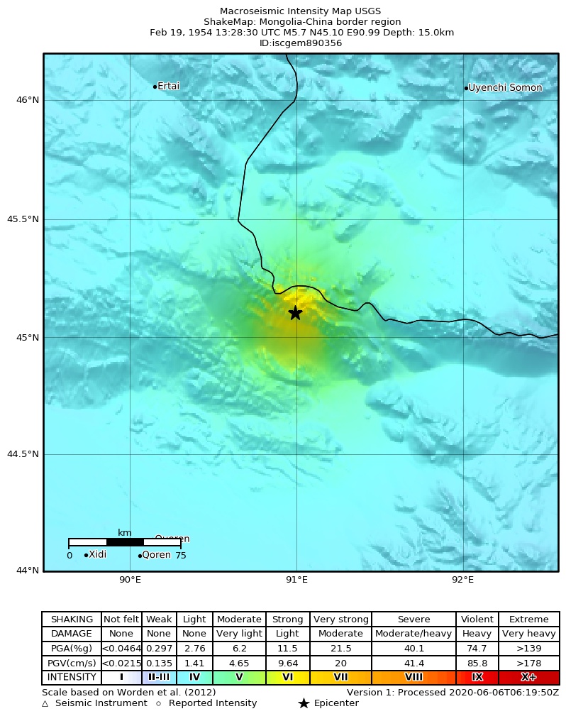 USGS ShakeMap: estimated shaking intensity around the epicenter